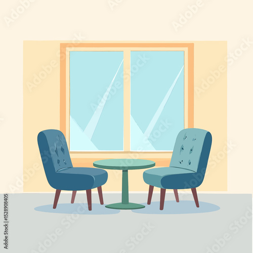 Quiet Conversation Corner: Cozy Blue Chairs by Window with Soft Light