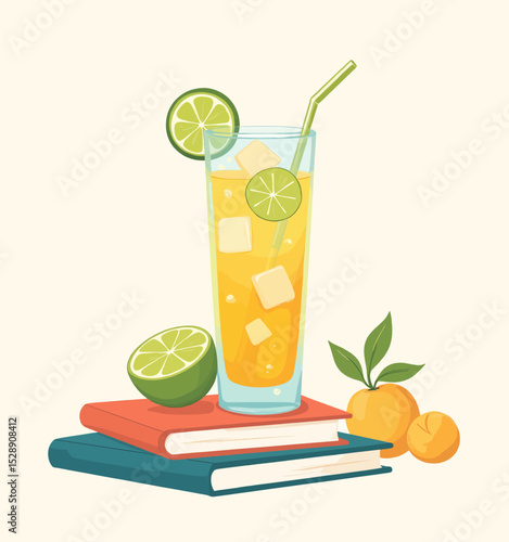 Refreshing Citrus Drink on Books with Summer Fruits