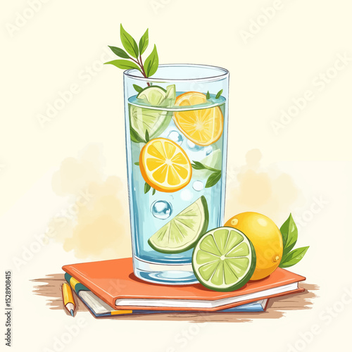 Refreshing Citrus Water on Study Books with Pencils