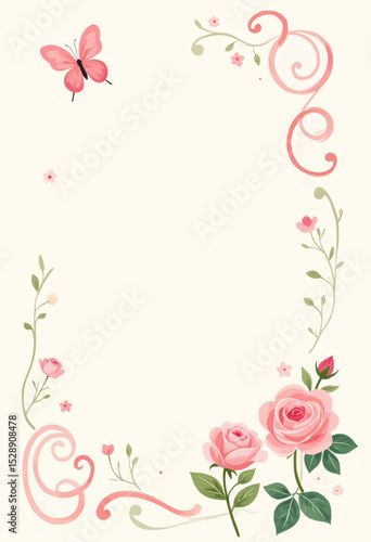 Romantic Floral Border with Pink Roses and Butterfly