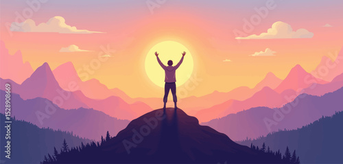 Silhouetted figure triumphant on mountain peak at sunset, surrounded by vibrant, colorful clouds and distant mountains