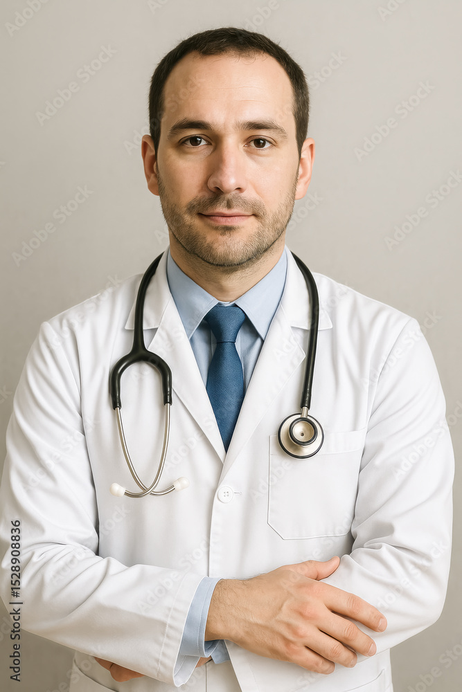 Male Doctor in Tie and White Coat Smiling Slightly
Male Doctor in Tie and White Coat Smiling Slightly
