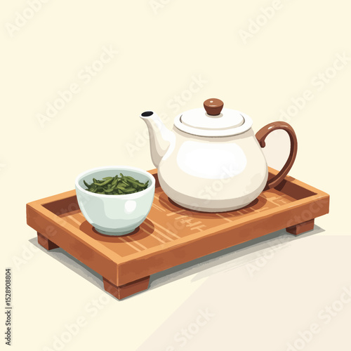 Tea Ceremony Serenity: White Teapot on Wooden Tray with Green Tea Leaves