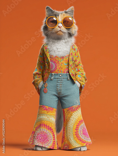 A calico cat standing wearing sunglasses and a retro outfit against an orange colored background