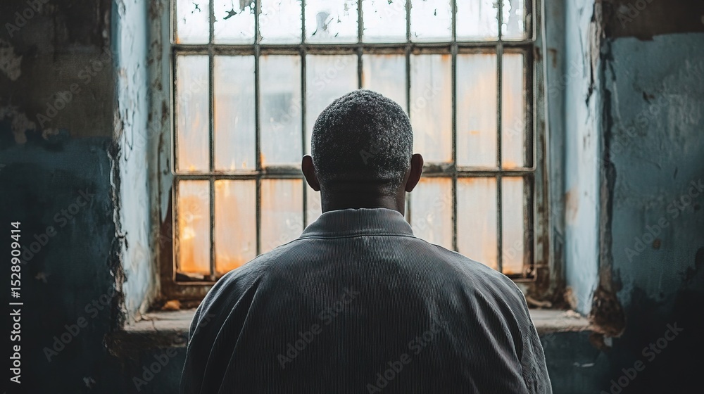 Naklejka premium Contemplative Man Standing Looking Through Grungy Window With Rusty Bars Inside