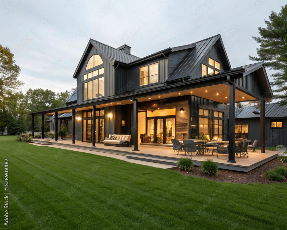 Obraz premium old house in the park, Contemporary barndominium home with spacious outdoor entertainment area. Modern residence features black facade with large windows