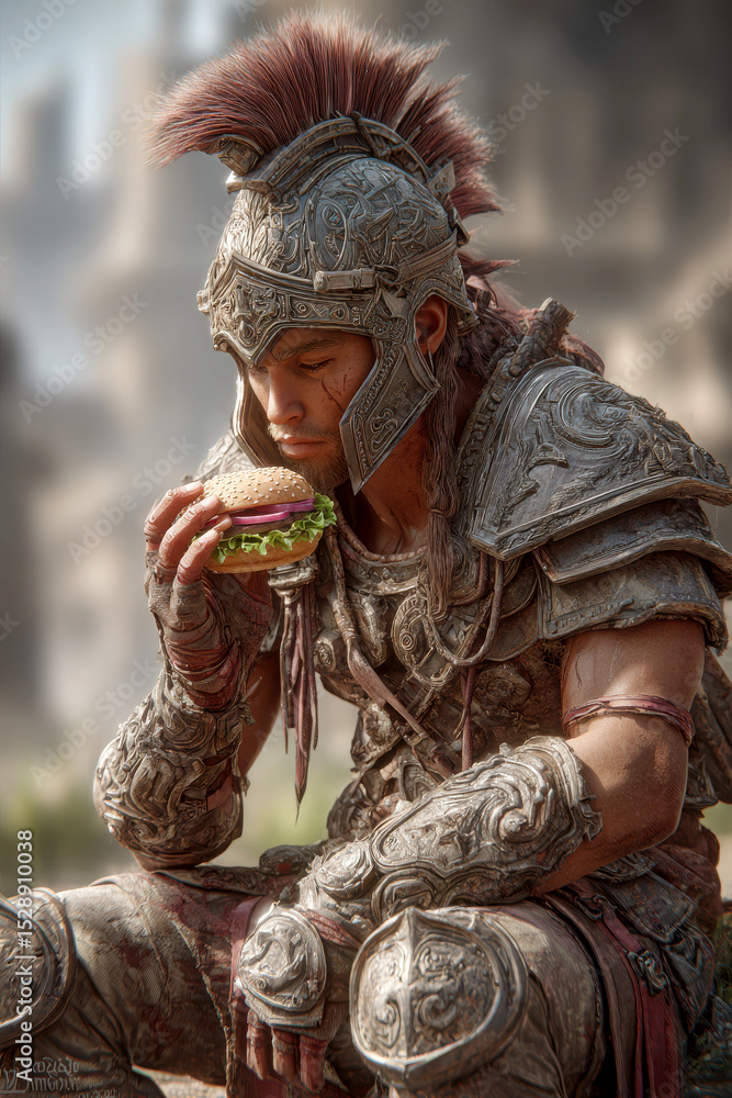 Warrior in ornate armor enjoys burger in serene setting Warrior in ornate armor enjoys burger in serene setting