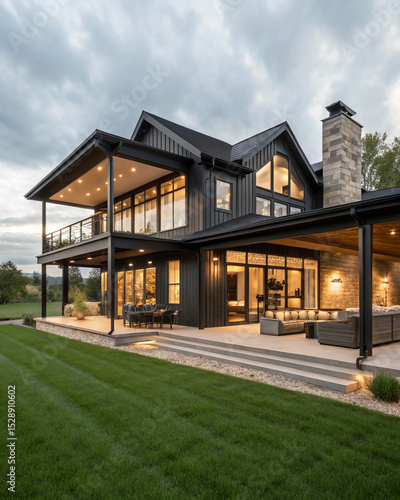 modern house in the garden, Contemporary barndominium home with spacious outdoor entertainment area. Modern residence features black facade with large windows