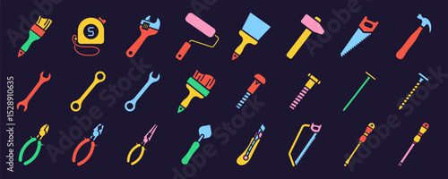 Construction tools vector colorful icon set. Adjustable wrench, brush, roller, hammer and nails. Screw, nut and bolt. Tape measure, screwdriver, putty knife, saw, pliers and wire cutters