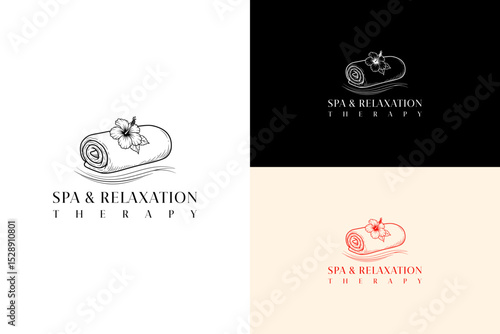 vector illustration of rolled spa towel with a hibiscus flower, logo for spa and relaxation therapy, calming, organic, spa bath, natural therapy, health and wellness, and more