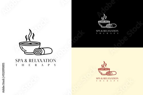 bowl of herbal water with a towel rolled vector illustration, logo for spa bath, massage therapy, health, calming, fitness, natural therapy, herbal treatment, spa and relaxation therapy, and more