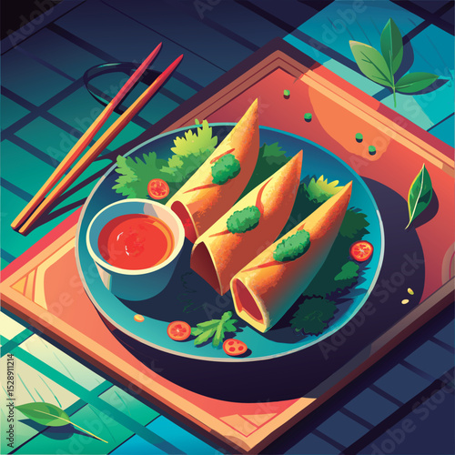 Delicious spring rolls with dipping sauce.