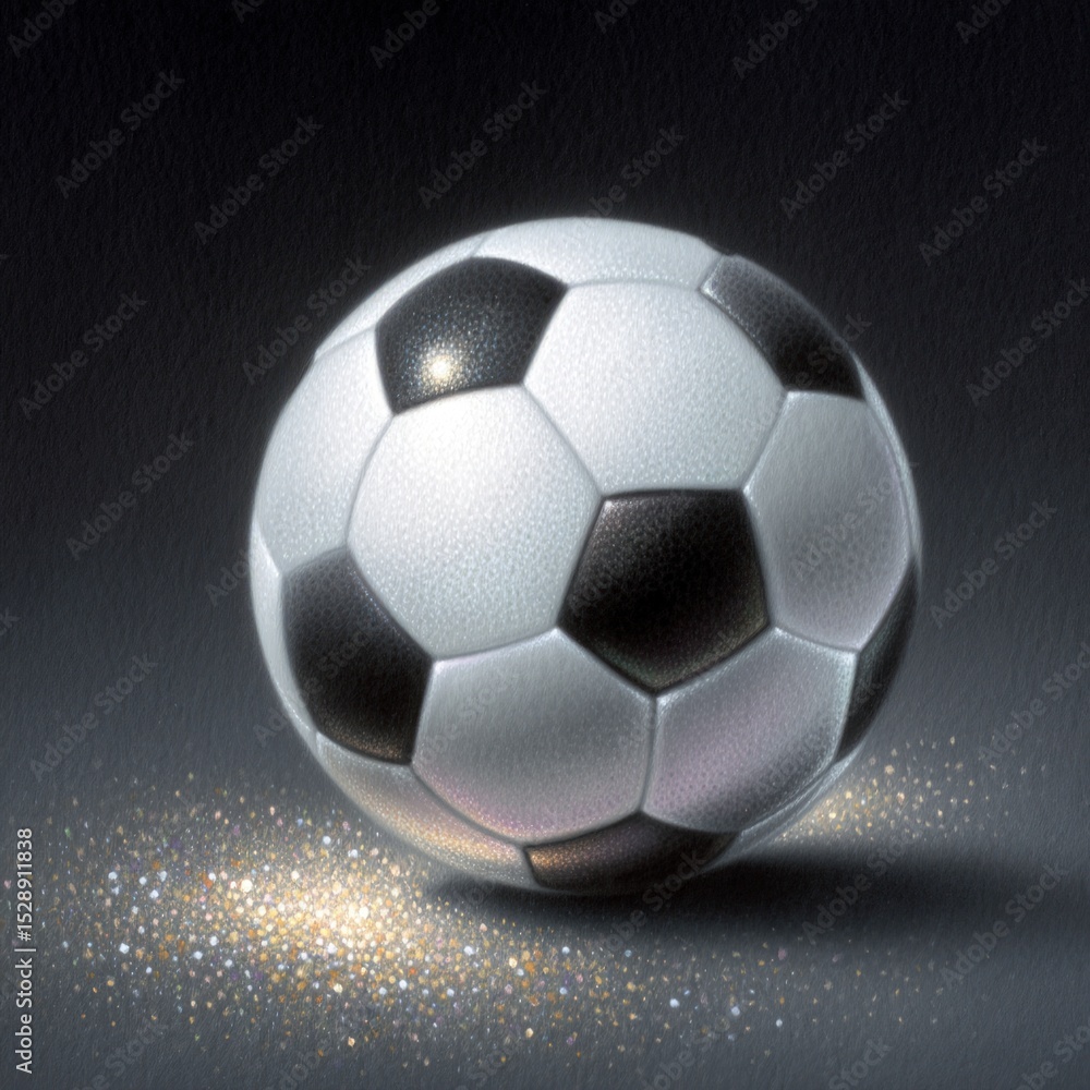 Naklejka premium Realistic Soccer Ball Stipple Engraving Gold Glitter Cinematic Lighting Sports Image