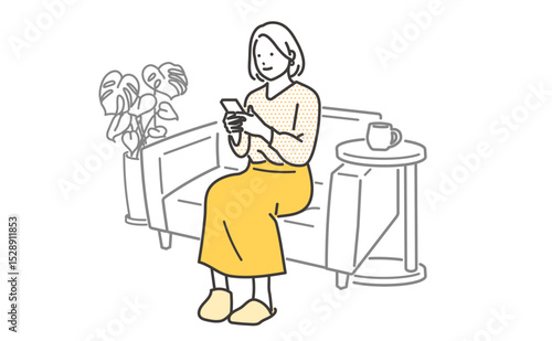 ソファでくつろぎながら携帯を操作する若い女性のイラスト素材