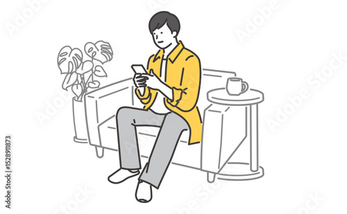 ソファでくつろぎながら携帯を操作する若い男性のイラスト素材