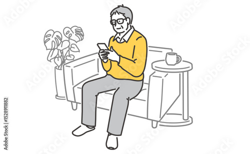 ソファでくつろぎながら携帯を操作するシニア男性のイラスト素材