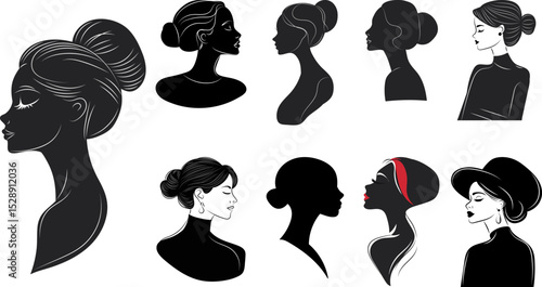 silhouettes set portraits women, girls, vector