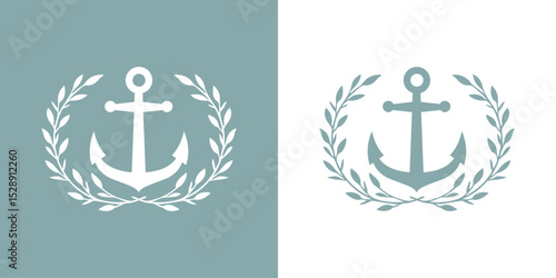Logo nautical. Silueta de ancla de barco con corona de laurel	