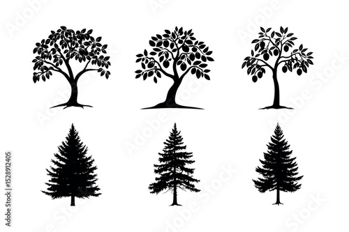 Collection of six black silhouette trees