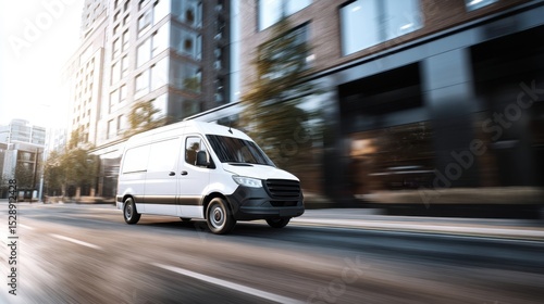 The white delivery van speeding through a modern urban environment.