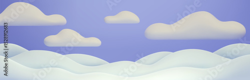 3D fluffy white clouds on blue sky background. Vector realistic illustration of snowy winter hills, seamless panorama of xmas landscape, plasticine heavenly cloudscape, beautiful natural background