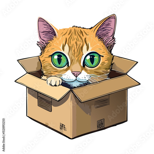 A drawing of a cardboard box with a cute cat in it.