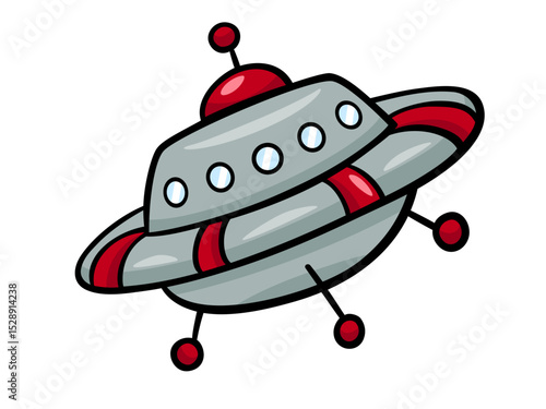 Futuristic Silver Flying Saucer with Red Accents and Antennas Exploring the Cosmos