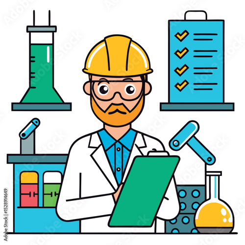 Vector illustration of a Lab technician reviewing checklist.