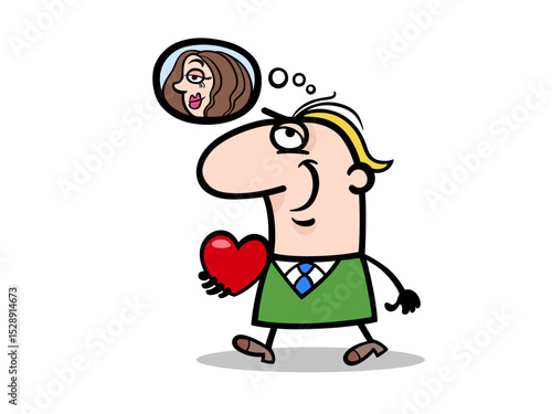 Illustration of cartoon illustration of a man thinking about love isolated on white background