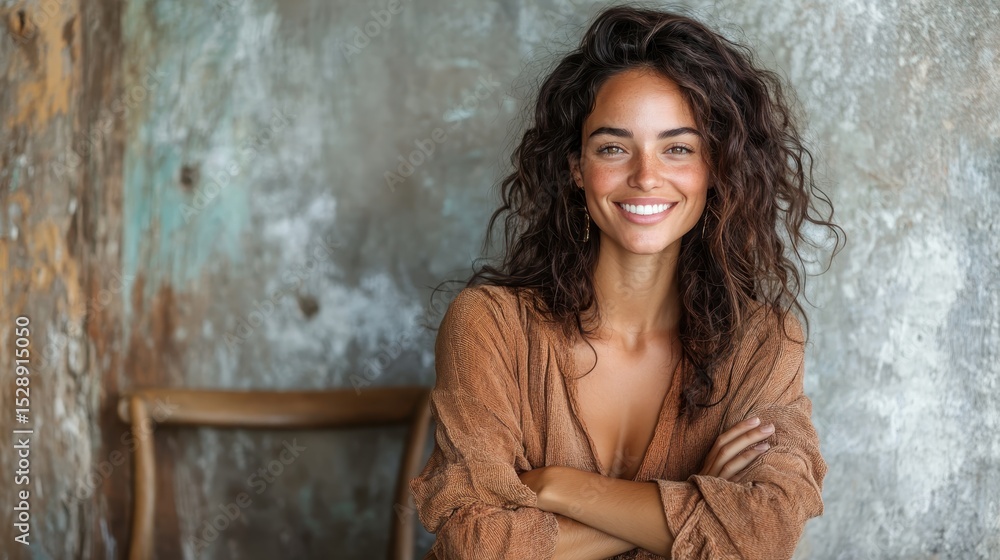 Fototapeta premium This captivating image highlights a beautiful woman with curly hair smiling charmingly, set against a rustic backdrop, showcasing confidence, warmth, and natural beauty.