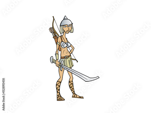 Illustration of cartoon amazon warrior with sword isolated on white background
