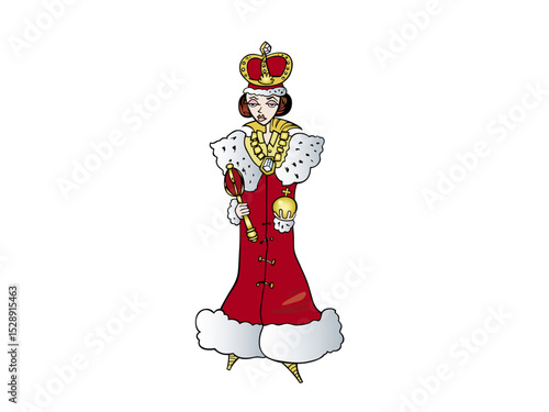 Illustration of cartoon queen with crown and scepter isolated on white background