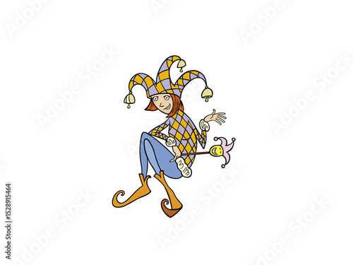 Illustration of cartoon jester with bells isolated on white background