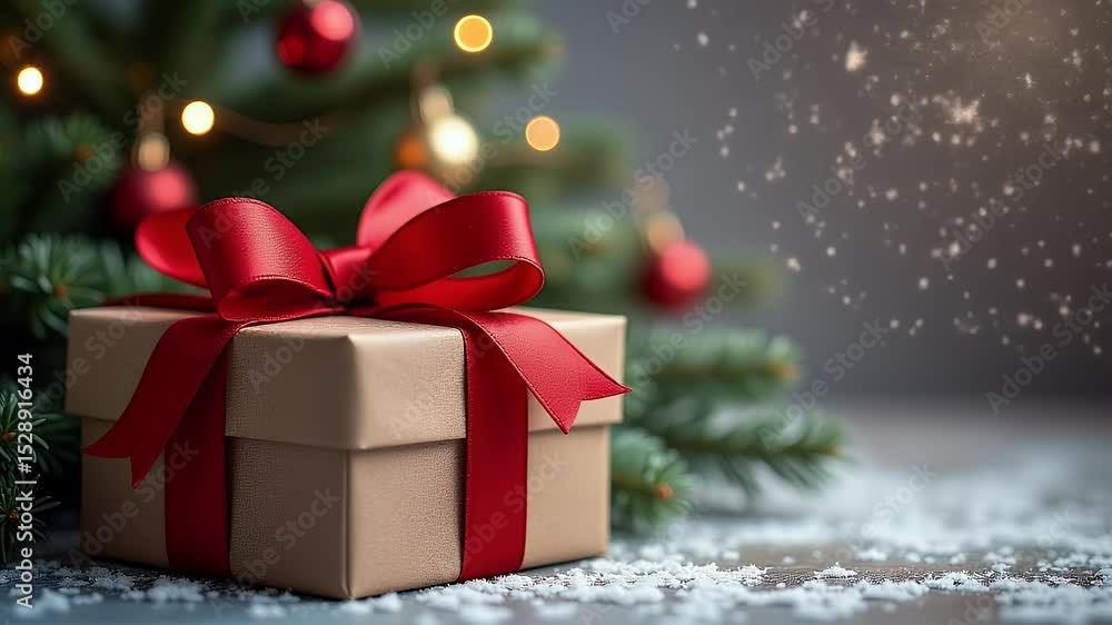 Wrapped Present with Ribbon on a Festive Holiday Background Wrapped Present with Ribbon on a Festive Holiday Background