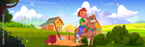 Boy rides llama holding candy near wooden box in country village - happy child with pink lollipop sits on fluffy alpaca beside wood chest. Rural farm landscape with kid sits atop decorated animal.