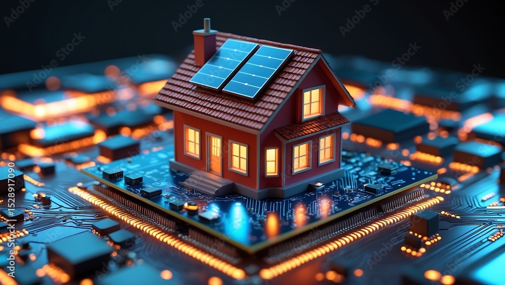 Obraz premium Miniature Red House with Solar Panels on Illuminated Circuit Board Smart Home Technology Concept image