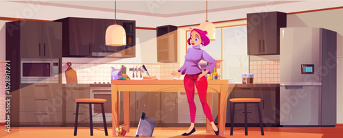 Cartoon woman in kitchen with pot lying on floor - female character stands near wooden table, dropped cookware below. Modern interior with dark cabinets, kitchenware and equipment for cooking scenes.