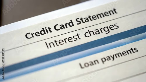 Loan living pay concept. A close-up of a credit card statement highlighting interest charges and loan payments.