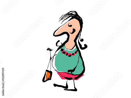 Illustration of cartoon woman with purse isolated on white background in doodle style