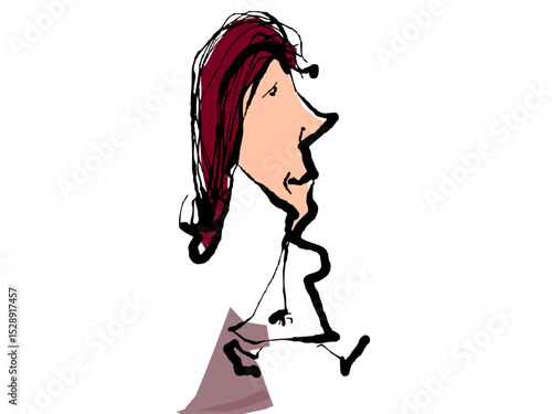 Illustration of cartoon woman in doodle style isolated on white background walking forward