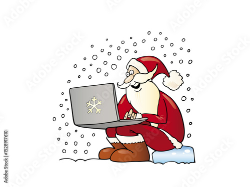 Illustration of santa claus using laptop isolated on white background