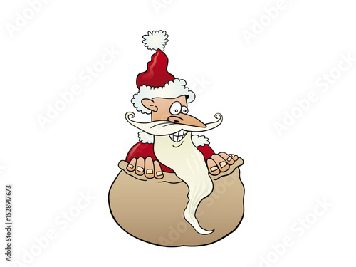 Illustration of cartoon illustration of santa claus in sack isolated on white background