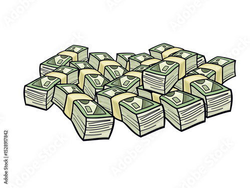 Illustration of pile of money isolated on white background, bundles of cash illustration