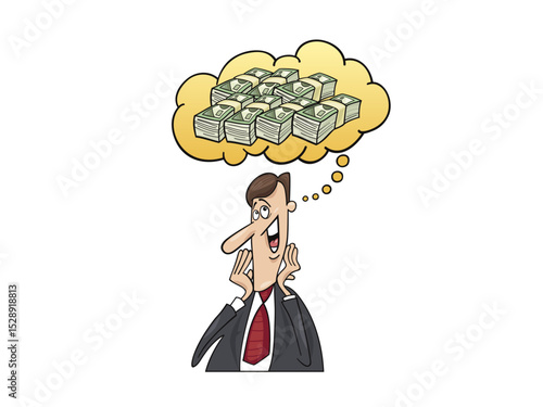 Illustration of businessman dreaming of money isolated on white background