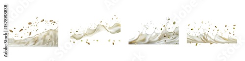 Set of milk splashes with pistachio isolated on transparent background