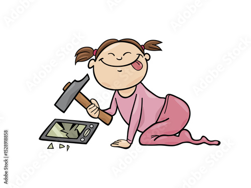Illustration of little girl with hammer breaking a tablet isolated on white background