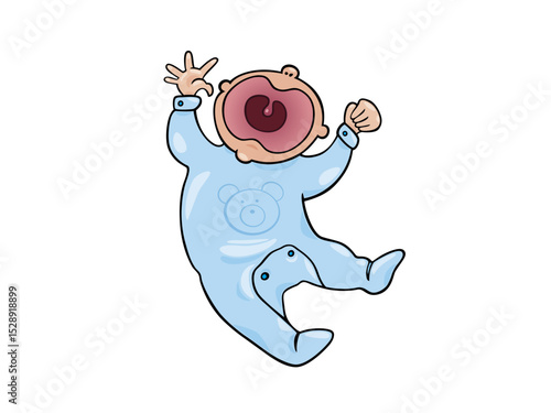 Illustration of cartoon illustration of a crying baby in blue pajamas isolated on white background