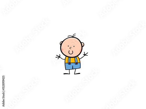 Cute baby wearing blue overalls and yellow shirt waving cheerfully