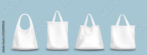 White tote bag mockup collection on blue background - canvas shopping bags with different handle, blank textile template for branding design, eco friendly reusable grocery accessories for presentation