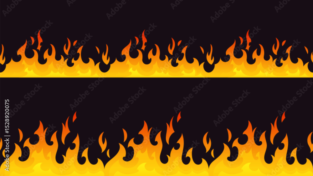 Fire border silhouette seamless pattern - orange yellow flames on black background, burning edge design with gradient heat effect, horizontal blaze decoration, hot danger warning strips dividers.